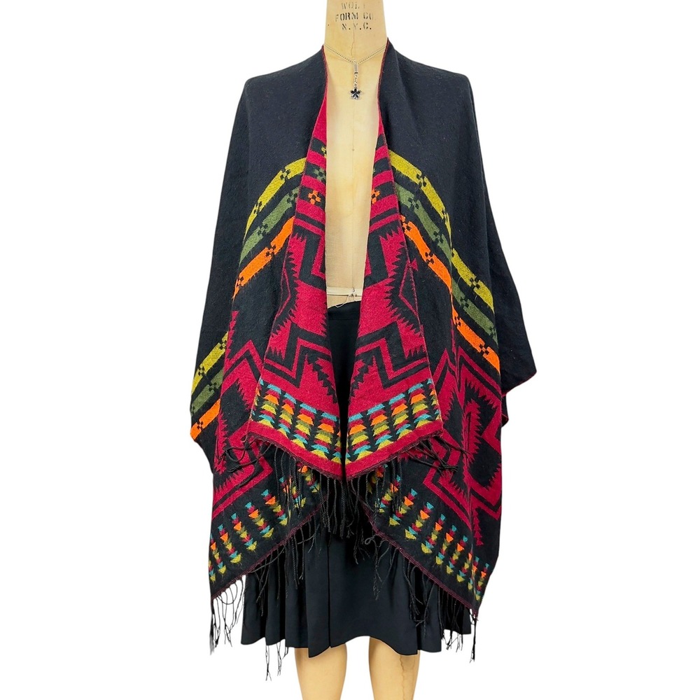 70s Aztec Fringe Wool Blend Shawl Poncho Reversible Red Black Ruana Southwestern